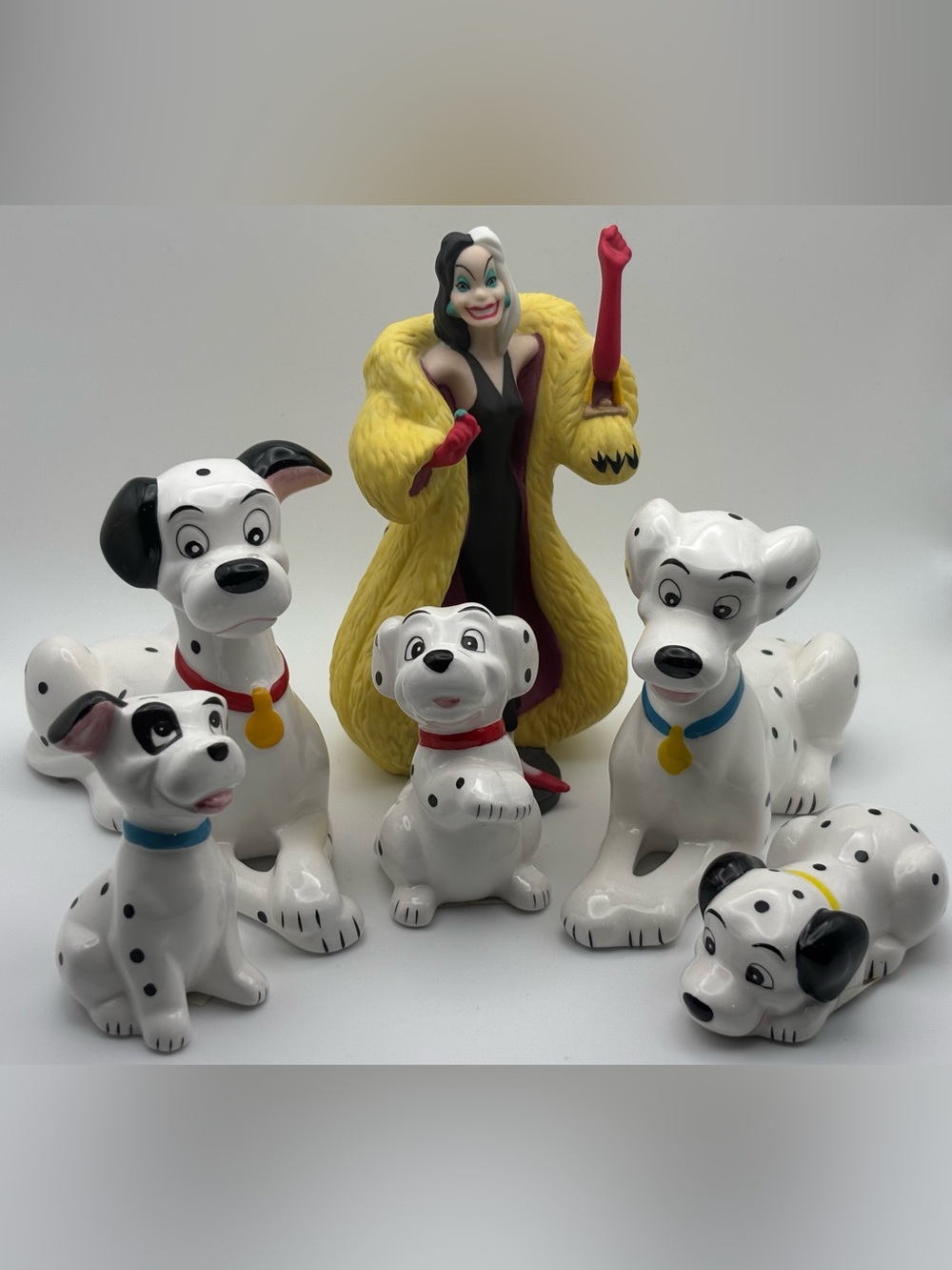 Vintage Disney 101 Dalmatians with Cruella de Vil & Puppies Ceramic Figurines